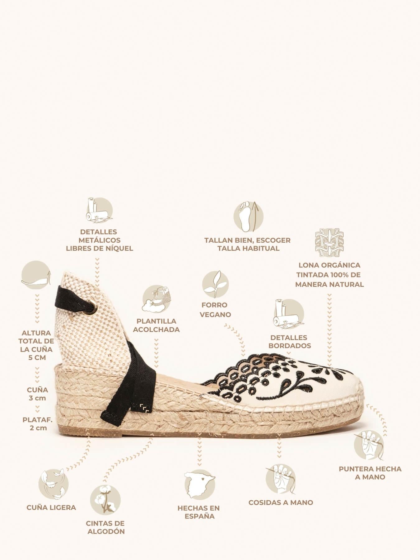 Romero Cuña Baja Lona Bordada Negro