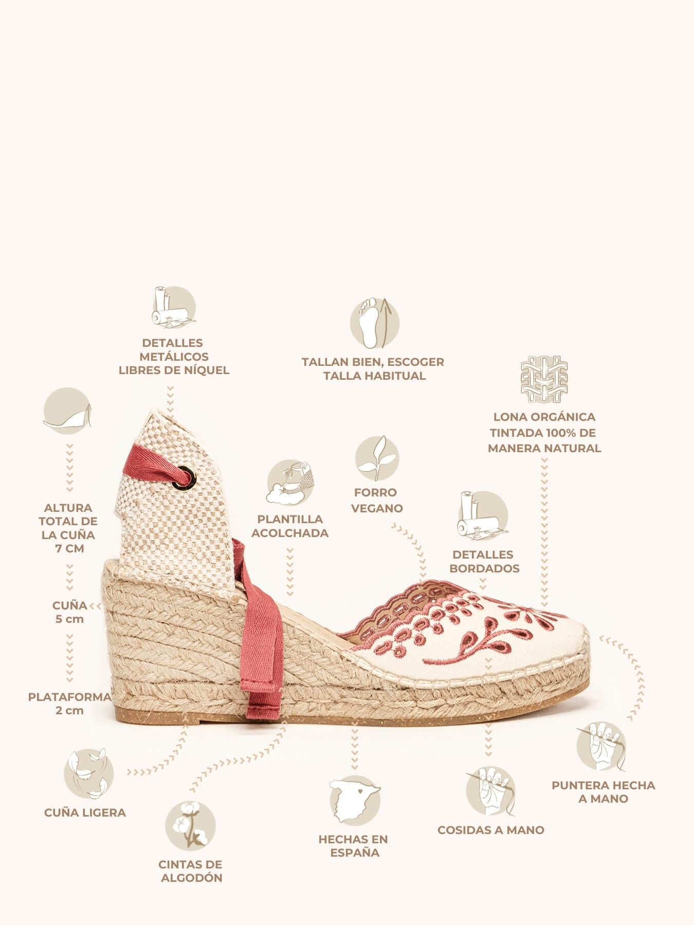 Romero cuña media de lona bordada granate