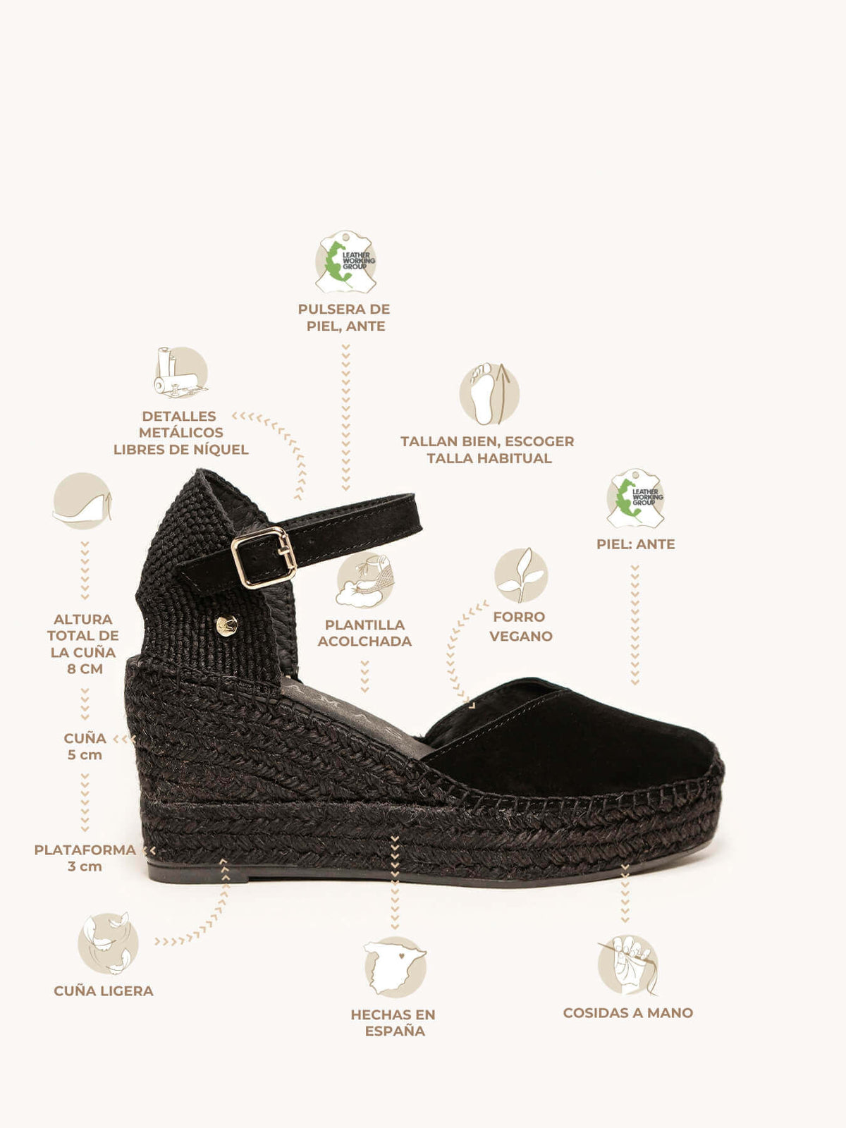 Jara Cuña 8 cm Ante Negro